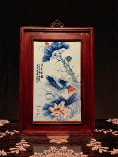 景德镇名家纯手绘王步作品红木镶瓷板画青花荷花鱼连年有余挂屏