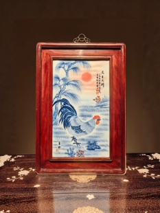 饰画 王步作品红木镶瓷板画青花大吉大利挂屏景德镇名家纯手绘装