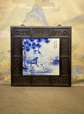 王步作品红木透雕镶瓷板画手绘青花动物马上封侯四方挂屏纯手绘画