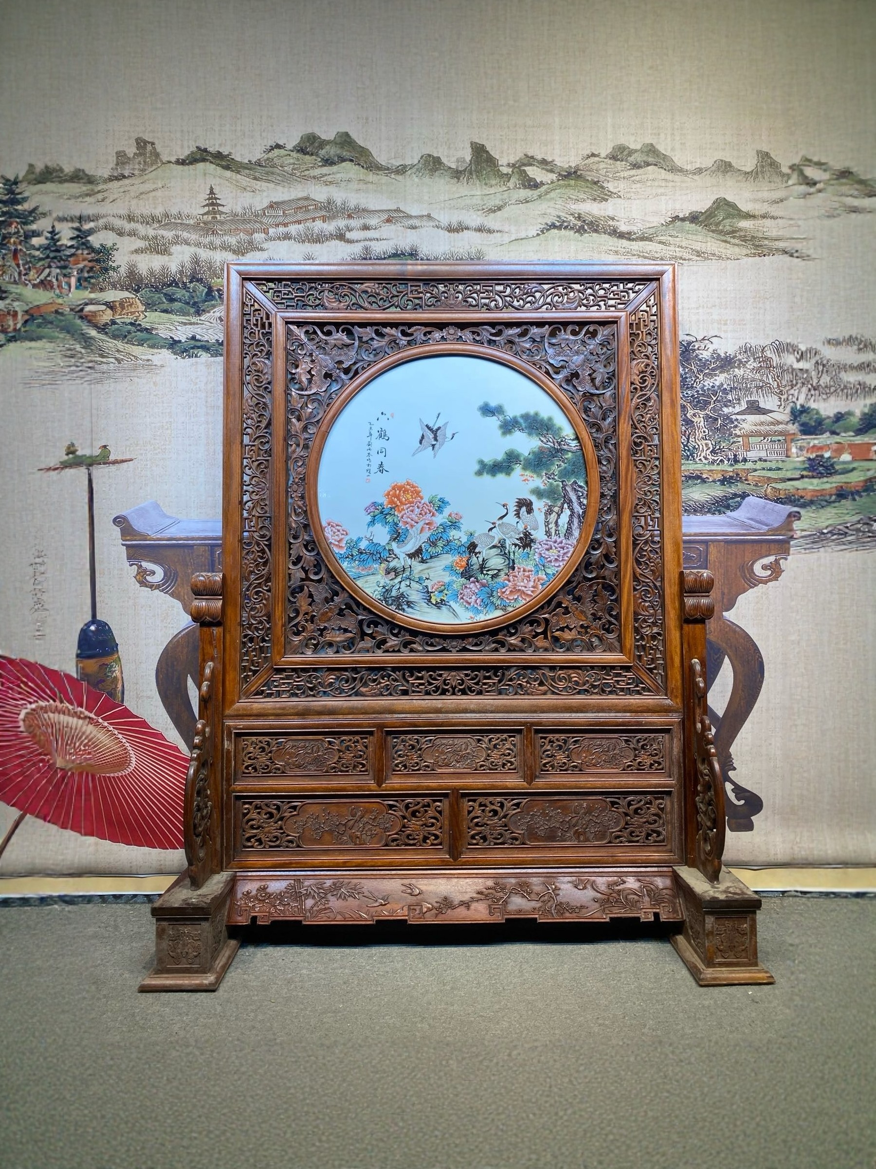 刘雨岑作品红木镶瓷板画粉彩花鸟六鹤同春隔断屏风名家手绘大插屏,家居饰品,瓷板画,淘宝优惠券,粉丝福利购,淘宝优惠卷