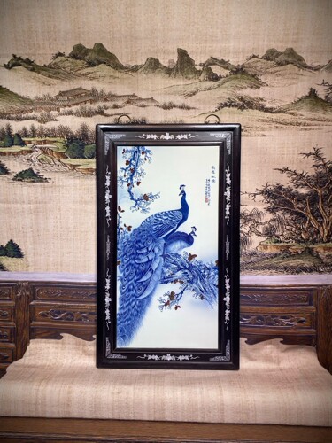 王步作品红木彩绘镶瓷板画青花花鸟前程似锦中堂挂屏
