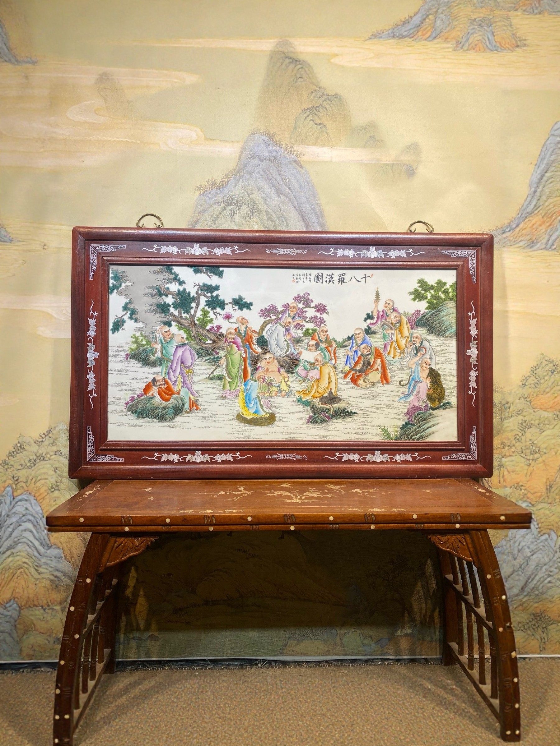 王大凡作品红木彩绘镶瓷板画粉彩人物十八罗汉百分百纯手绘装饰画,家居饰品,瓷板画,淘宝优惠券,粉丝福利购,淘宝优惠卷