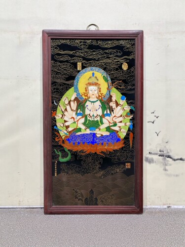 郎世宁作品红木镶瓷板画掐丝千手观音挂屏纯手绘陶瓷画装饰画