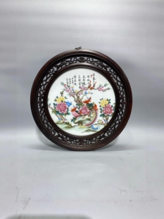 刘雨岑作品鸡翅木镶瓷板画粉彩花鸟祥凤来仪挂屏景德镇手绘陶瓷画