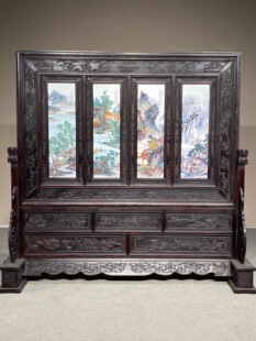 汪野亭作品红木镶瓷板画粉彩山水隔断屏风名家纯手绘精品大座屏