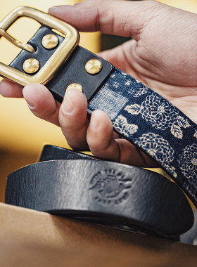 马登工装古布印花百家布植鞣皮带boro风头层牛皮针扣复古腰带男士