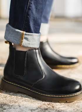 马登切尔西男靴英伦风中帮工装黑色高帮休闲真皮鞋马丁短靴子