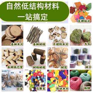 自然干果树枝木片石头贝壳砂石材料幼儿园低结构野趣DIY手工制作