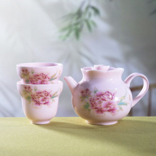 粉色牡丹美人壶一壶二杯功夫茶具