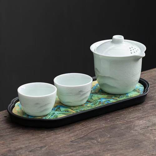 翠绿山水便携式旅行茶具小套装简易手抓泡茶壶茶杯个人专用快客杯