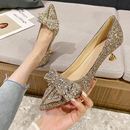 法式 蝴蝶结婚鞋 新娘鞋 2024年春秋新款 3cm低跟高跟鞋 女订婚水晶鞋