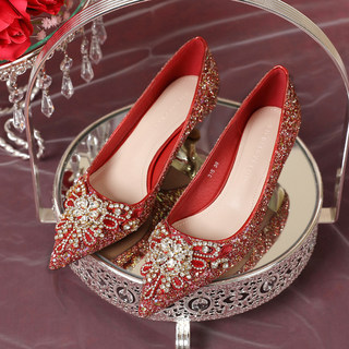 红色婚鞋新娘鞋秀禾婚纱两穿2024年新款细跟法式3cm低跟高跟鞋女
