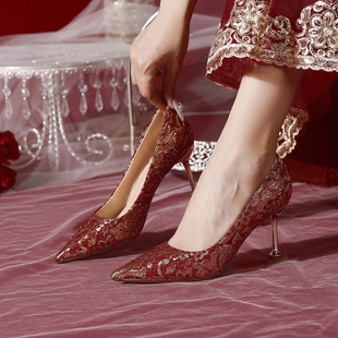 2024年新款 红色婚鞋 秀禾订婚新娘鞋 细跟尖头 女中式 气质性感高跟鞋
