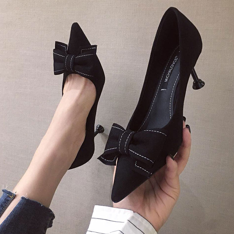 2021 Autumn and winter new pattern temperament High-heeled shoes Stiletto Tip Shallow mouth French bow Single shoes blackin the Women's Shoes, Low shoes  category - from Buy2taobao.com to provide professional Taobao agent buy service