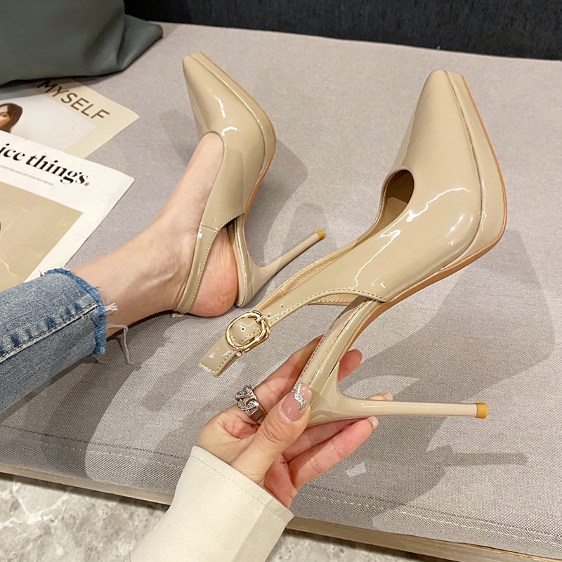 防水台高跟鞋漆皮后空一字扣带包头凉鞋女秋冬季性感细跟裸色单鞋