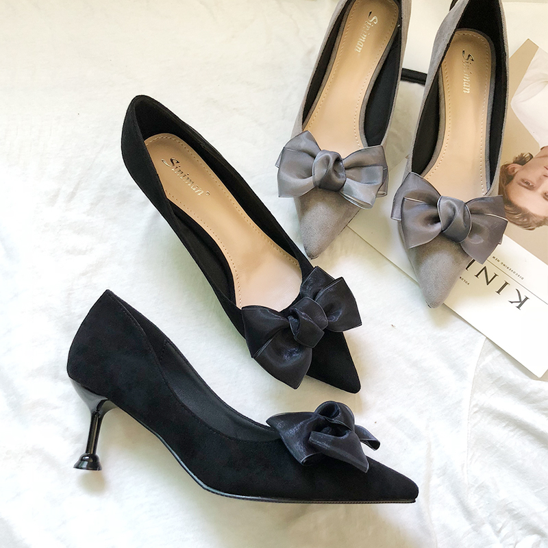 collocation skirt High-heeled shoes Stiletto student Versatile bow French girl Single shoes 2019 New cat heelin the Women's Shoes, Low shoes  category - from Buy2taobao.com to provide professional Taobao agent buy service