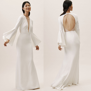 气质晚装 V领鱼尾修身 新娘户外草坪婚礼森系旅拍轻婚纱 喇叭袖 新款