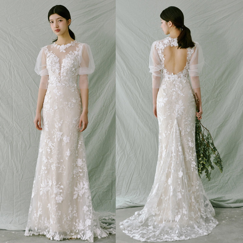 设计师原创复古灯笼袖新娘婚纱优雅蕾丝露背显瘦鱼尾森系新娘婚纱