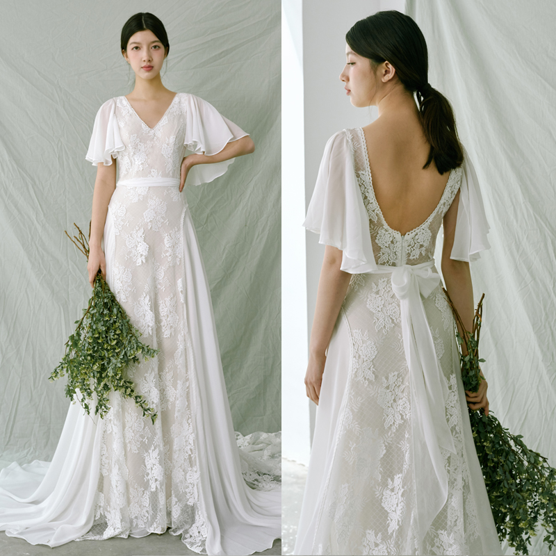 Design long skirt for bride, garden lights, fitted, V-neckline