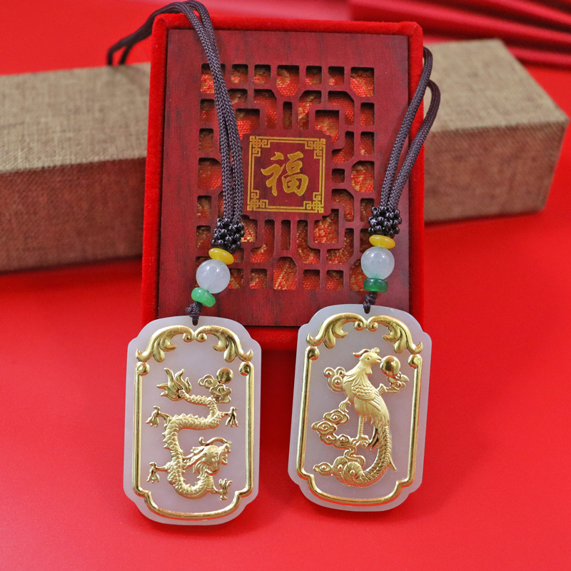 黄金金镶玉足金999龙凤呈祥方牌和田玉吊坠对牌男女项坠情侣挂坠