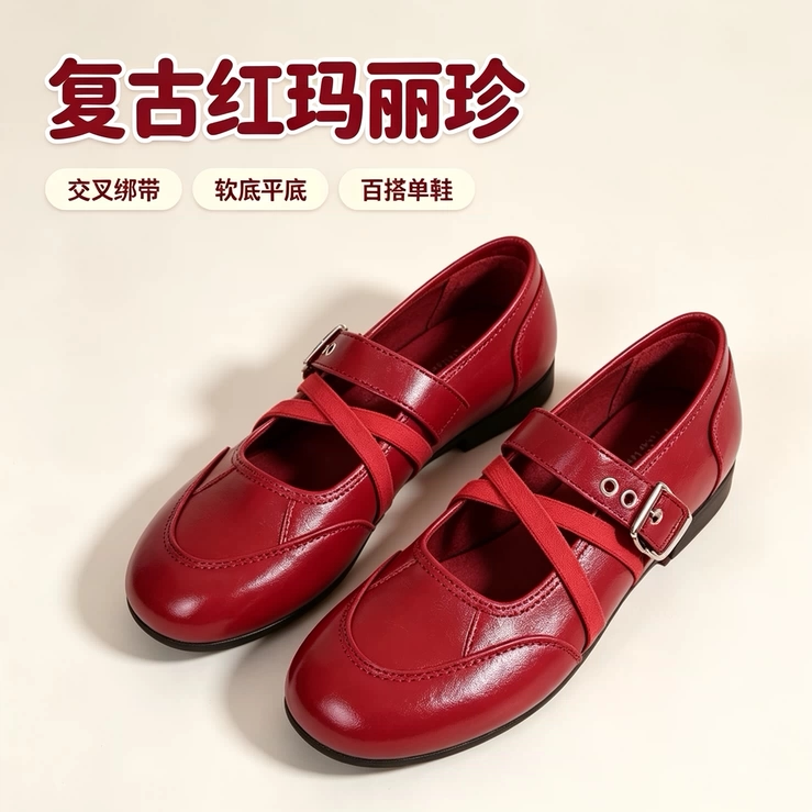 红色玛丽珍鞋女秋季 交叉绑带芭蕾风软底平底圆头浅口复古单鞋
