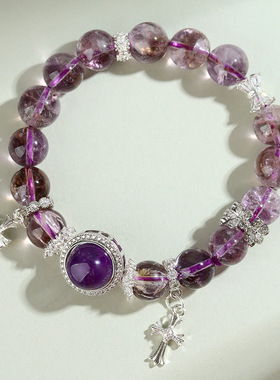 天然紫阿赛水晶十字架手链微镶轻奢时尚原创手串异国情调饰品