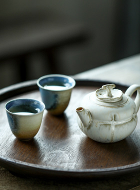 晴先生景德镇手工柴烧一抹蓝窑变釉茶壶陶瓷粗陶个人把玩壶小套装