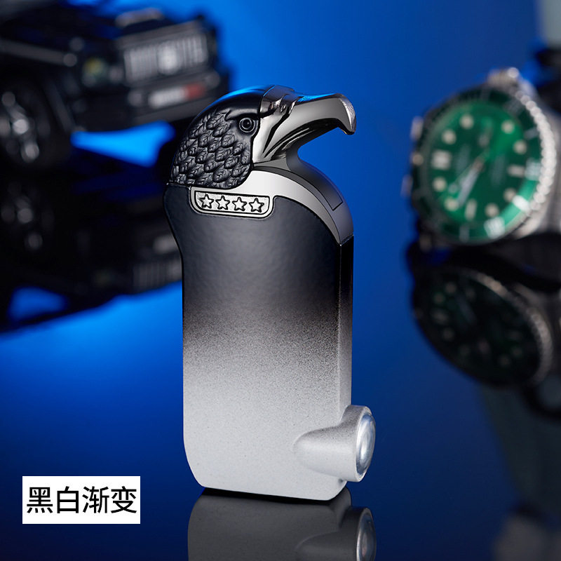 浮雕鹰带小电筒金属防风打火机个性创意直冲充气打火机工厂