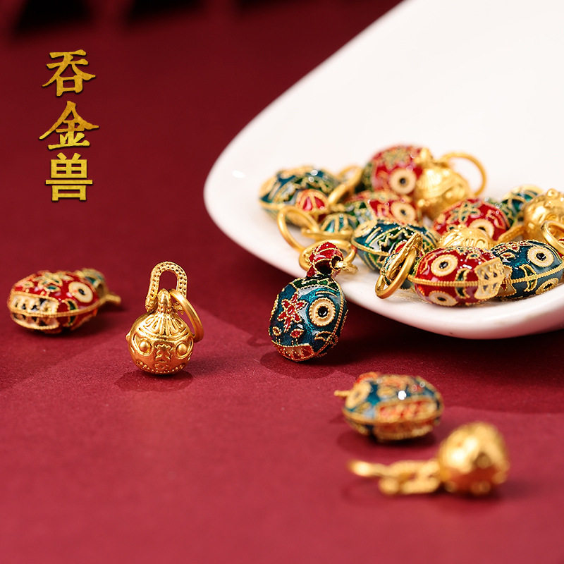 秦霄贤同款香灰琉璃手链配件古法金滴油精工吞金兽一家三口小坠子