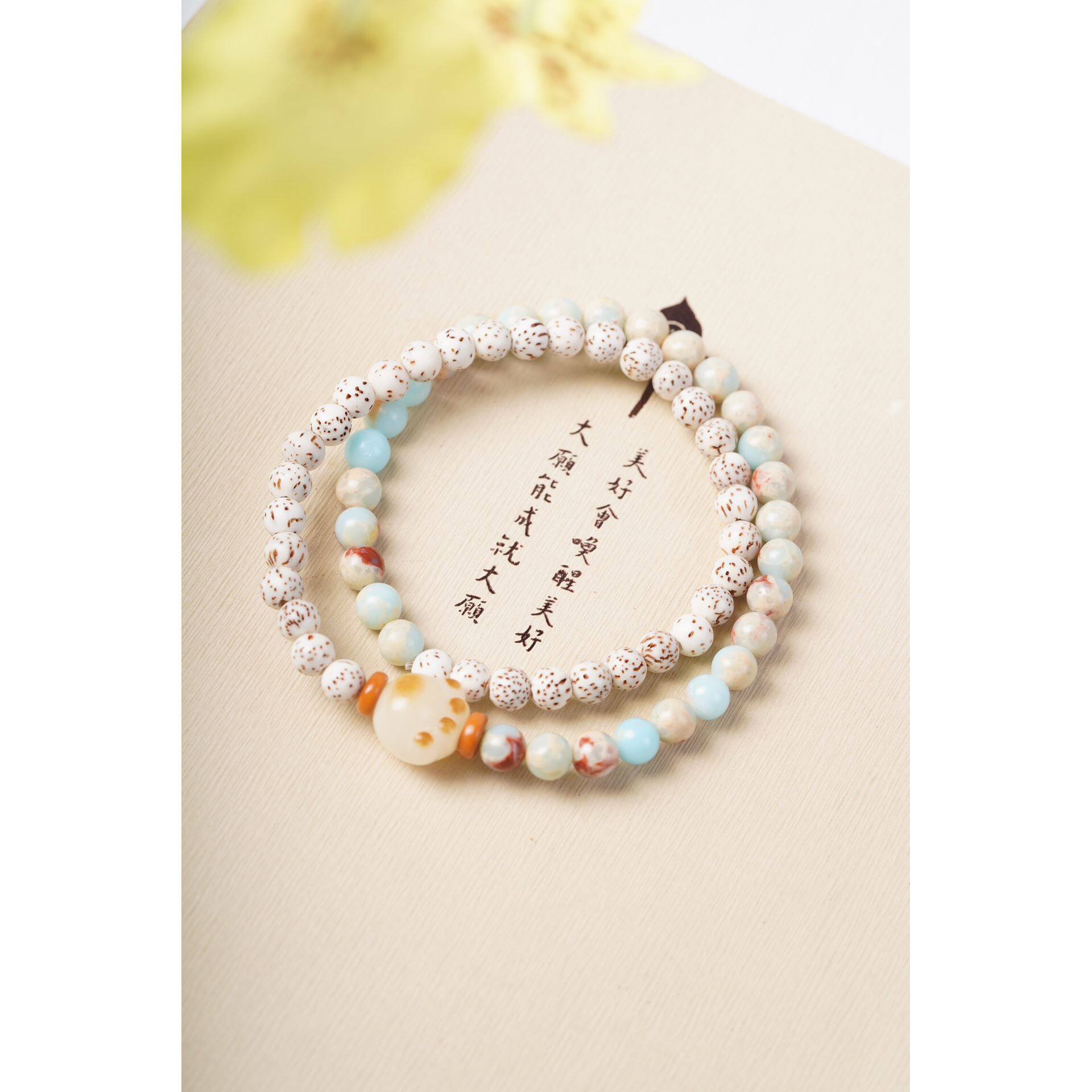 新中式迷你星月菩提双圈手链寿山石星月双拼搭配猫咪猫爪佛珠手串