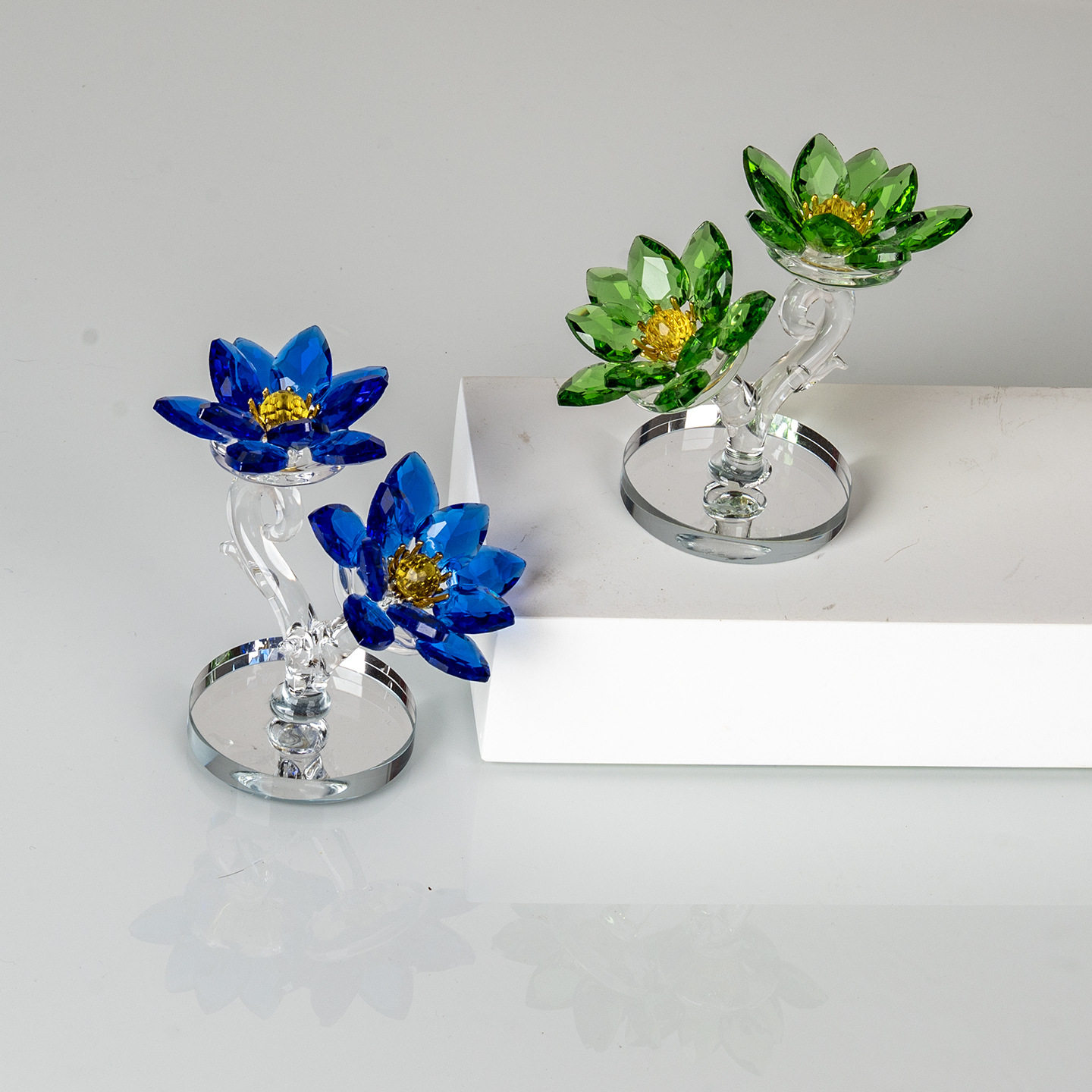水晶莲花摆件双头绿色透明花艺装饰工艺品家居办公室摆设礼品定制