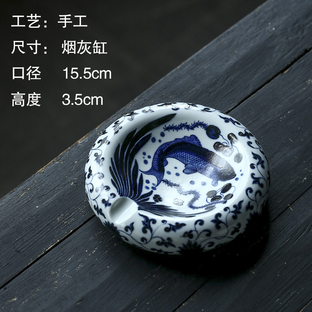 手绘青花鱼藻纹雪茄烟灰缸两用大口径雪茄专用烟槽家用手工烟缸