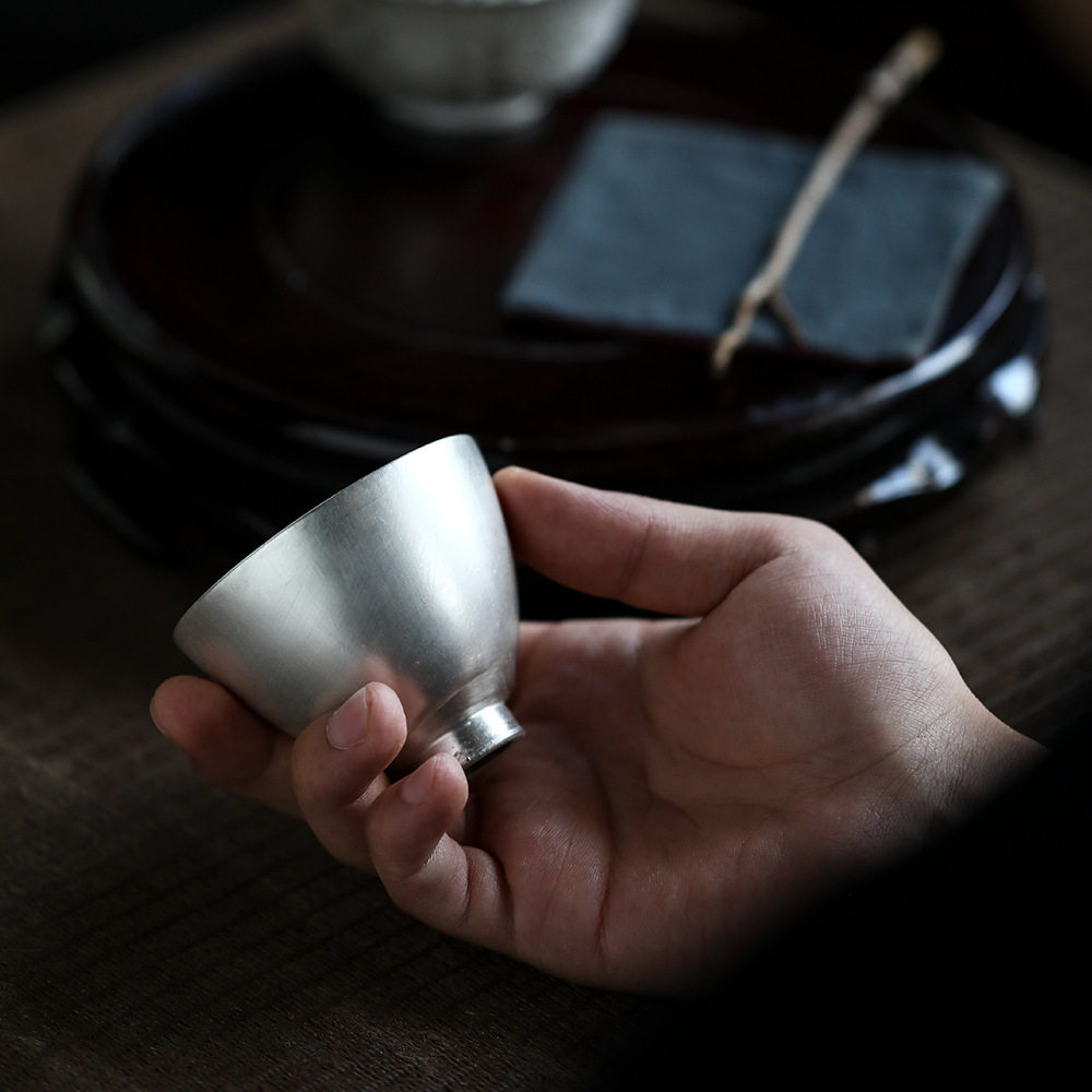 纯银陶瓷品茗杯陶瓷鎏银茶杯粗陶茶碗个人杯银主人杯功夫茶具送礼