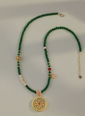 锦鲤平安新中式高级感轻奢气质毛衣链八宝罗盘古法沙金绿玉髓项链