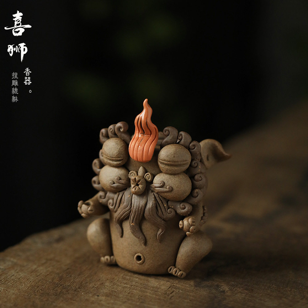 手捏雕貔貅喜狮线香插茶宠摆件精品可养景德镇创意送礼茶虫庞