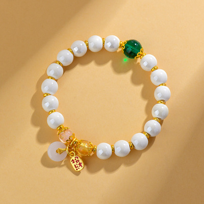 香灰瓷白瓷珠绿度母金箔琉璃手串平安扣吊坠原创爆款手链饰品