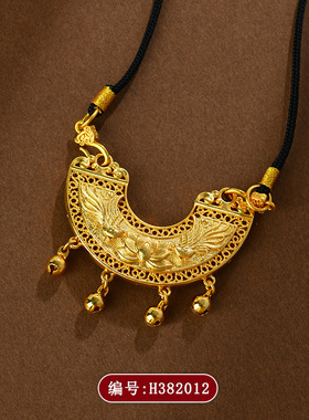 古法黄金色沙金凤凰莲花铃铛锁双扣吊坠时尚复古毛衣链项链绳
