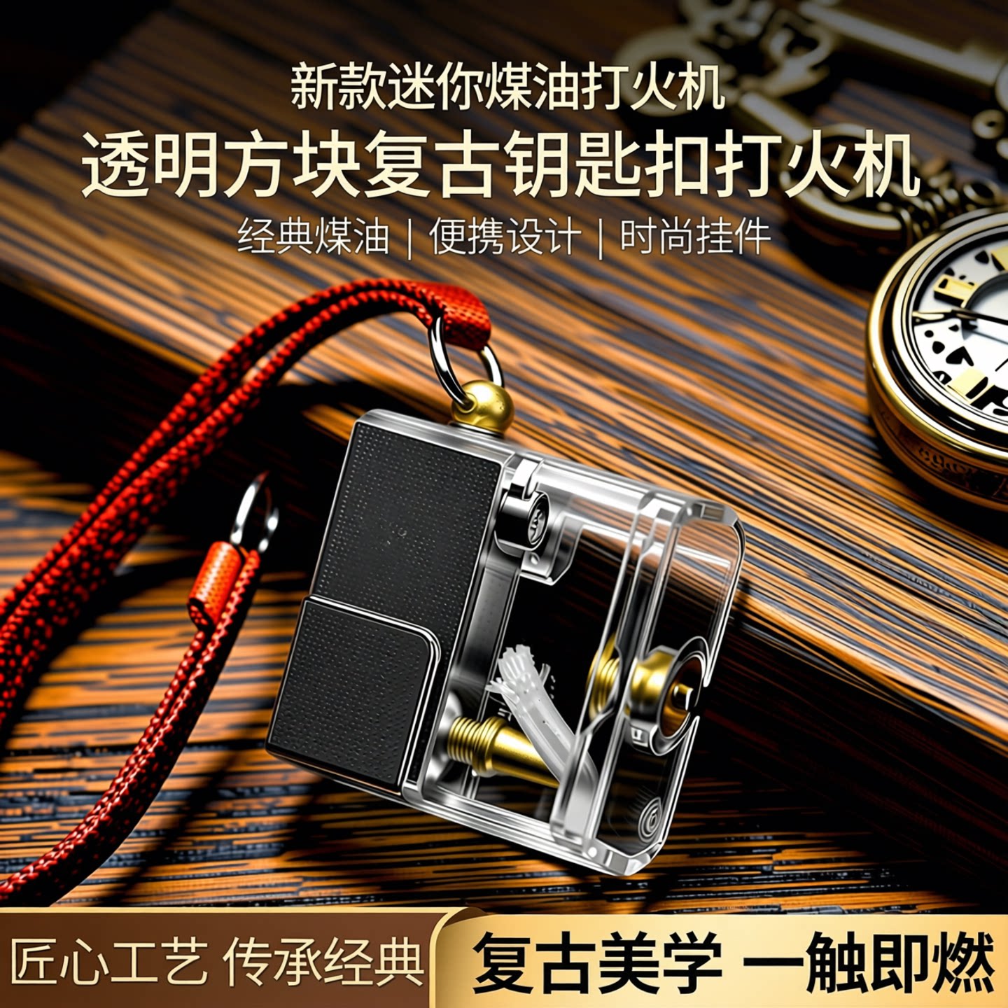 新款迷你小方块透明油仓煤油打火机时尚复古钥匙扣挂件礼品打火机