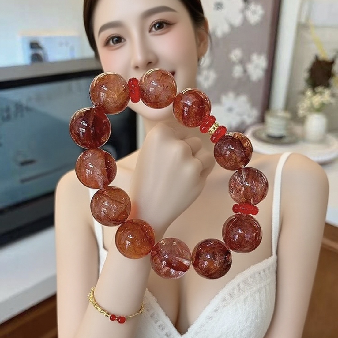 天然红胶花手串大珠子转运本命年红色水晶手链女高级感情人节