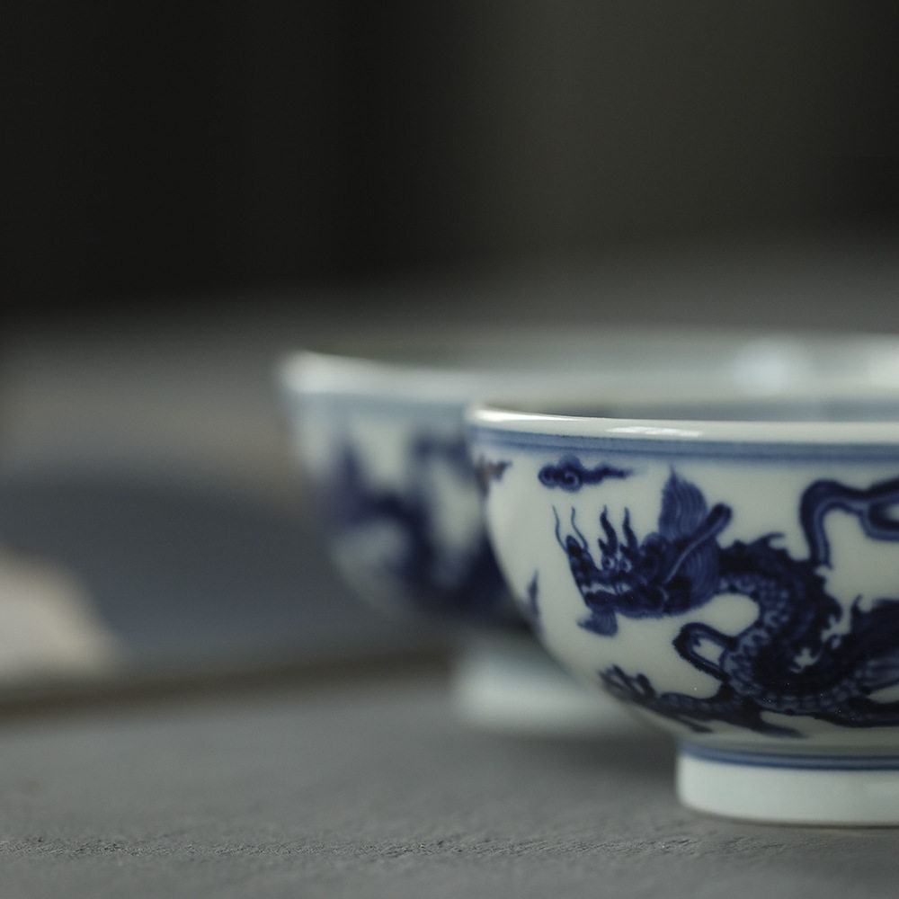 柴烧仿古青花宣德款双圈双龙小足杯100ml景德镇陶瓷茶具茶器