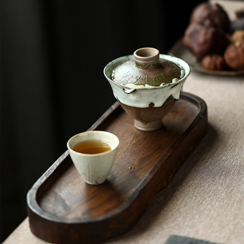 志野老岩泥手工柴烧窑变二才盖碗茶碗泡茶器粗陶日式家用流釉盖碗