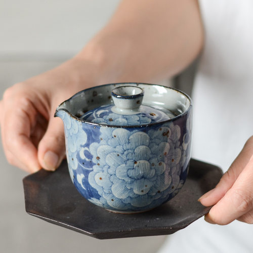 防烫茶碗茶杯大号陶瓷功夫茶具泡茶碗手抓壶家用铁胎手绘青花