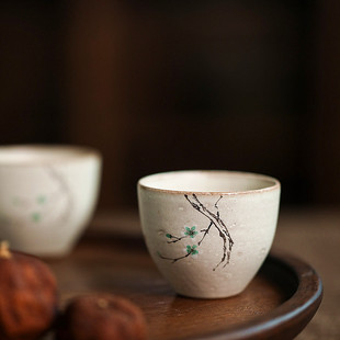 景德镇东方中式粉引系列釉手绘绿梅陶瓷茶具品茗杯主人杯可养开片