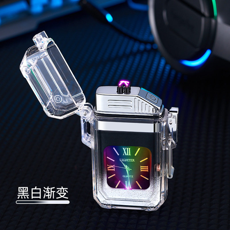 升级款透明壳防水点烟器自带石英手表脉冲双电弧打火机时尚礼品