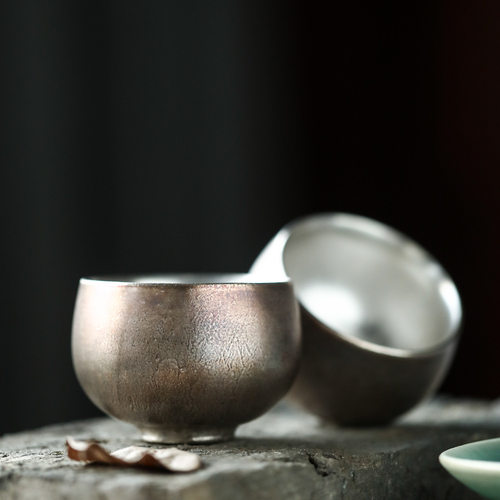 景德镇纯手工鎏银粗陶茶杯陶瓷品茗杯男士单杯底款刻字主人杯礼物