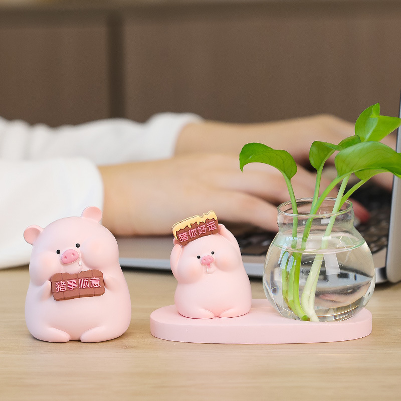 创意卡通可爱猪囡囡系桌面小摆件网红绿萝养殖玻璃瓶家居装饰