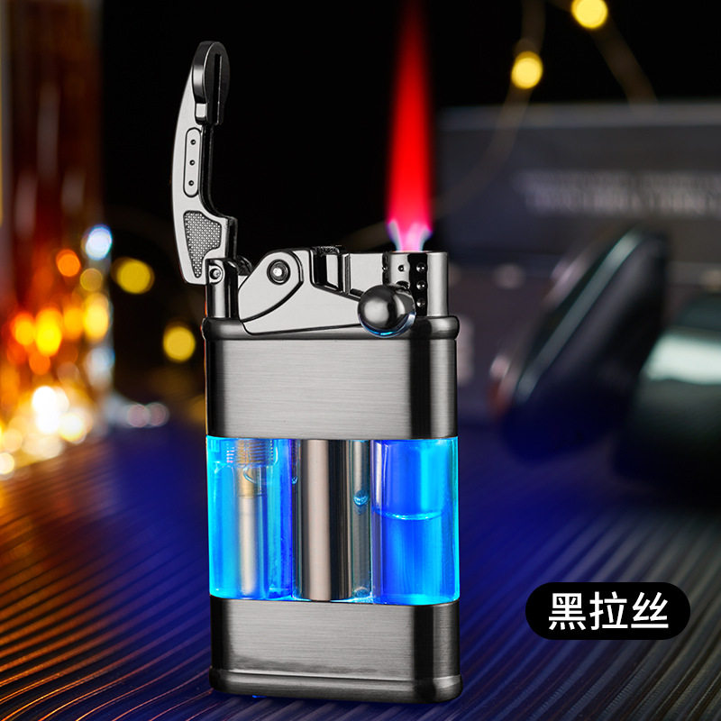 透明气窗带LED灯礼品打火机摇臂红焰直充打火机跨境