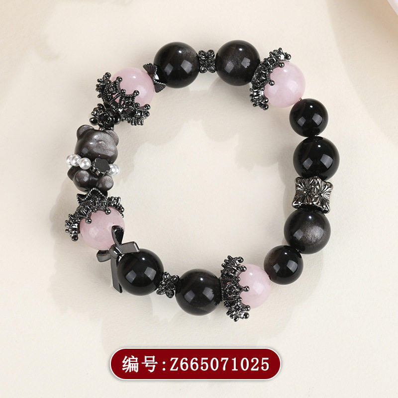 天然水晶粉晶银曜石小熊手链经典大颗粒圆珠手串时尚原创饰品