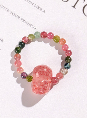 天然彩色碧玺草莓晶水晶貔貅戒指女小众设计手饰送朋友闺蜜女友