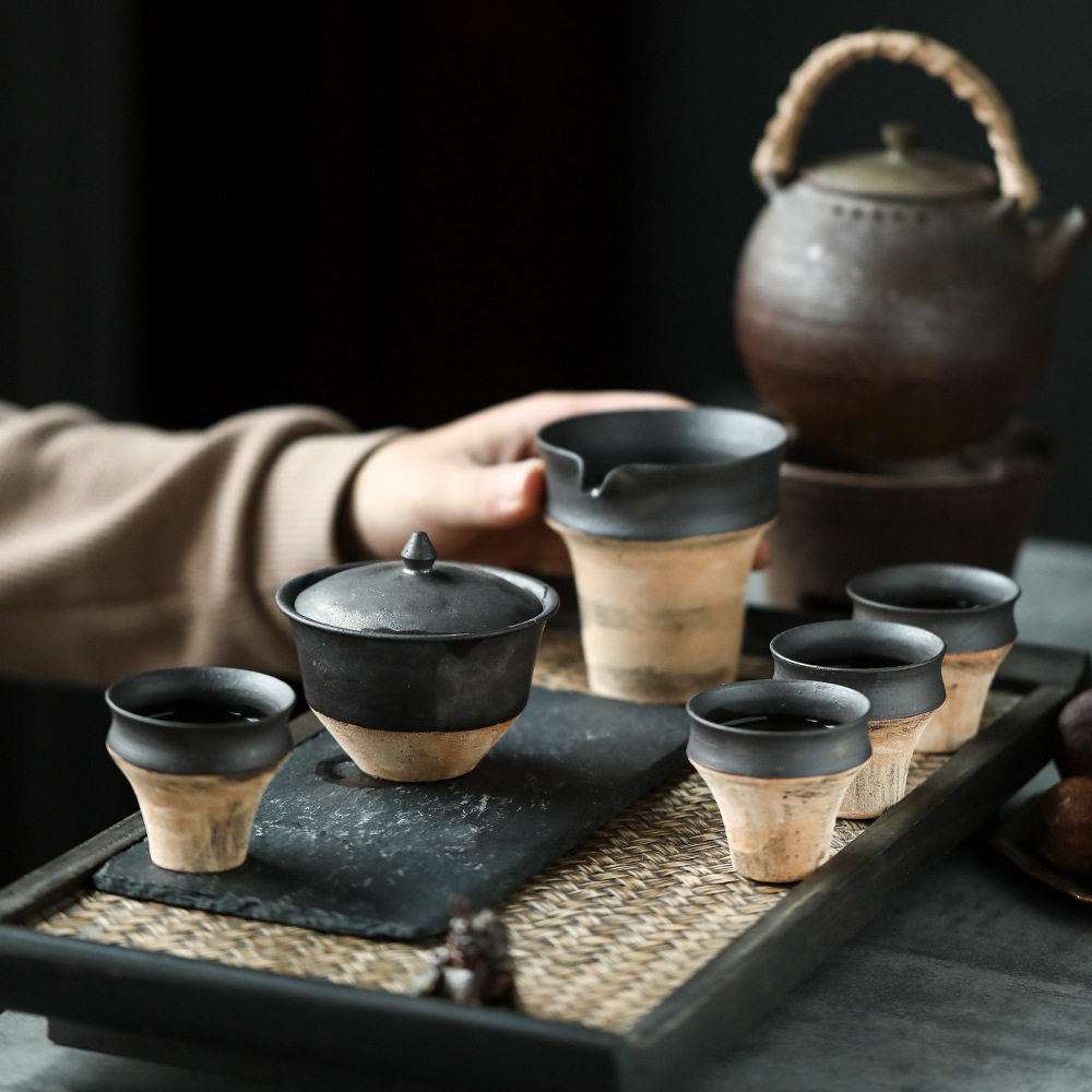 景德镇粗陶成套陶瓷功夫茶具套装陶艺家作品简黑送礼六件套装